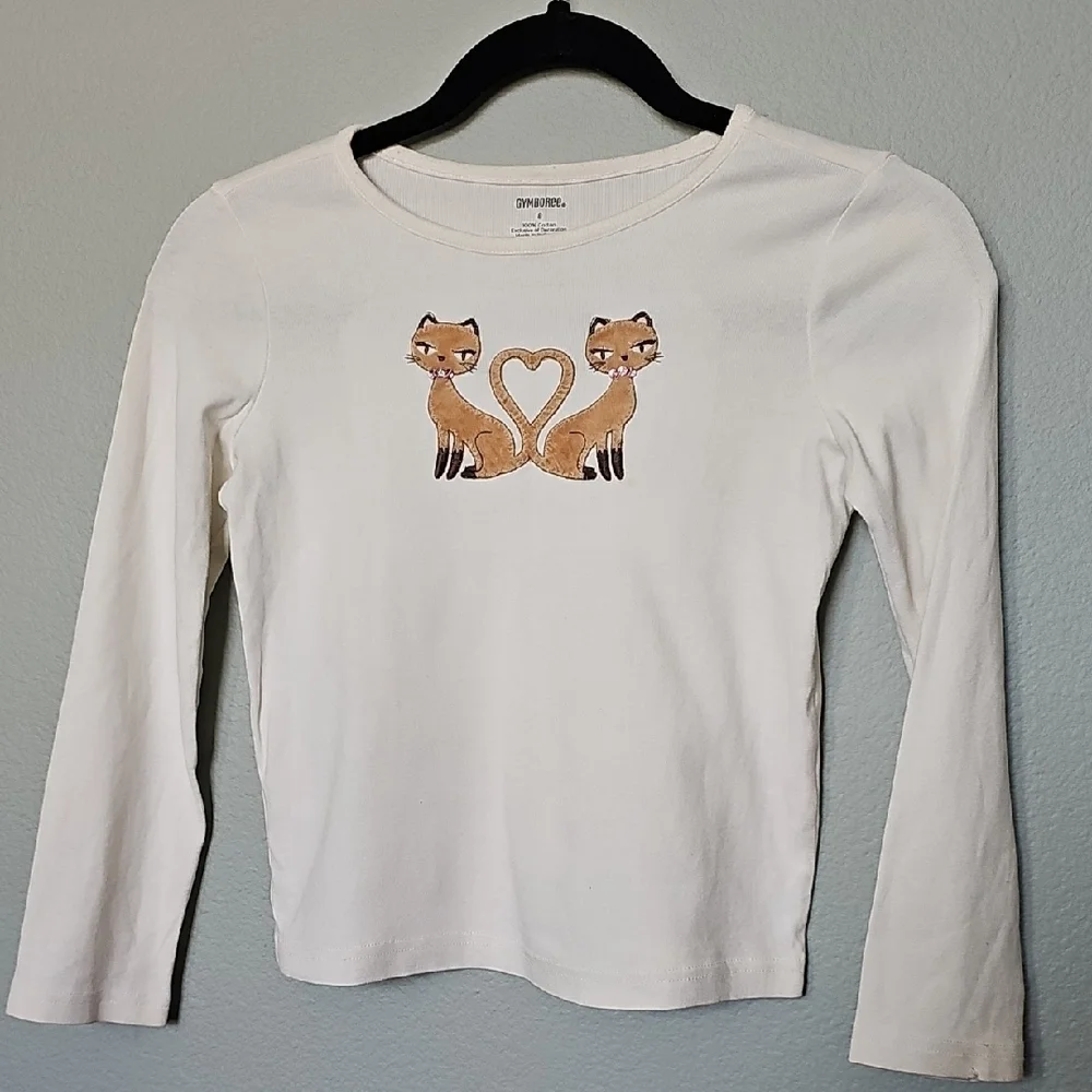 Gymboree White Long Sleeve Tee with Siamese Cat Heart Fuzzy Graphic Size 8